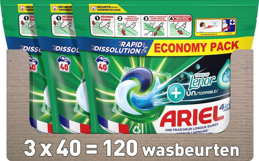 Ariel 4-in-1 Pods + Touch von Lenor Unstoppables – 3 x 40 Waschgänge – Vorteilspackung
